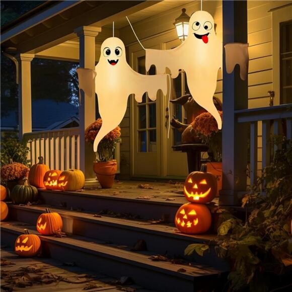 2 Pcs Halloween Porch Decoration Cute Ghost Decoration, with Timer and LED - Picture 7 of 8